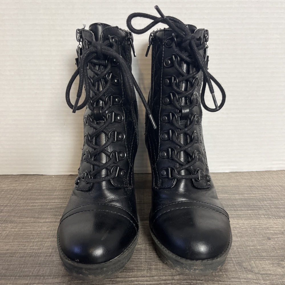 G by Guess Combat Boots 6.5 Black Lace up Zip Biker Heel Ankle Bootie Whimsigoth - Picture 2 of 11